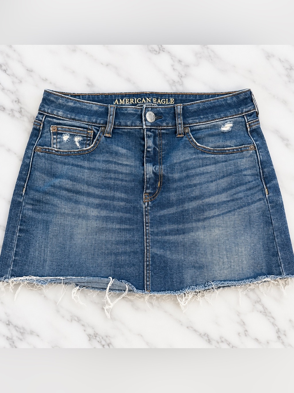 American Eagle Outfitters Distressed Dark Blue Denim Mini Skirt l